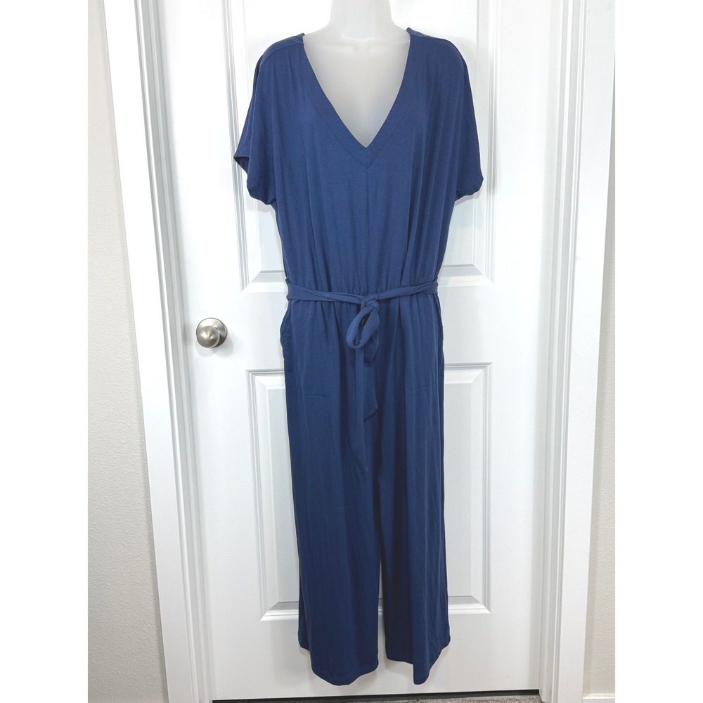 AnyBody Navy Blue V Neck Elastic Waist Wide Leg Jumpsuit Women Large Casual